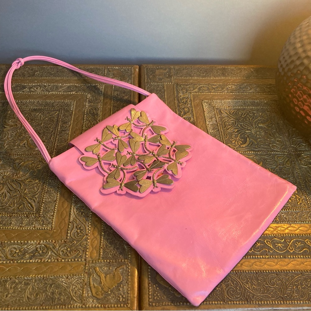 Rodo satchel bag pink gold brass butterflies‎ ornate leather dainty evening